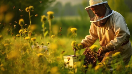 Naklejka na ściany i meble Meadow Keeper: Authentic Beekeeper in Flowering Fields