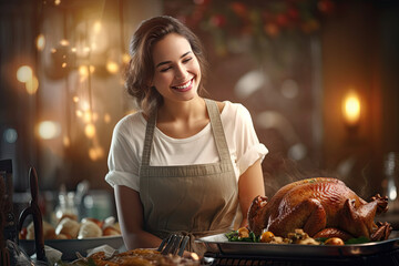 Smiling housewife cooks turkey to celebrate thanksgiving holiday