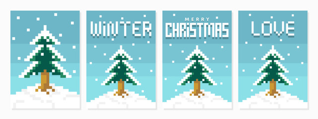 Christmas tree vector with snowfall rare pixel art style design. Merry Christmas and Happy New Year Set of greeting cards, posters, holiday covers. Creative christmas winter background.