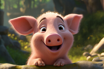 cartoon illustration of a cute pig smiling - obrazy, fototapety, plakaty