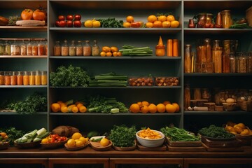 Grocery store shelves with jars, smoothies, nuts, seasonings, vegetables and fruits on the counters...
