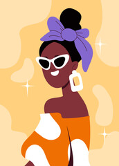 Stylish woman poster. Model for trendy and fashionable magazine cover. Young girl in sunglasses and blue bow. Elegance and beauty, aesthetics. Template and layout. Cartoon flat vector illustration