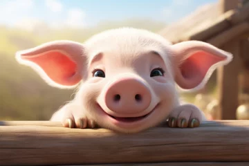 Tuinposter cartoon illustration of a cute pig smiling © Yoshimura