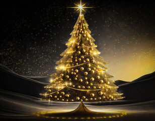 christmas and new year holidays concept. golden christmas tree with stars and shiny lights on a blue abstract night background
