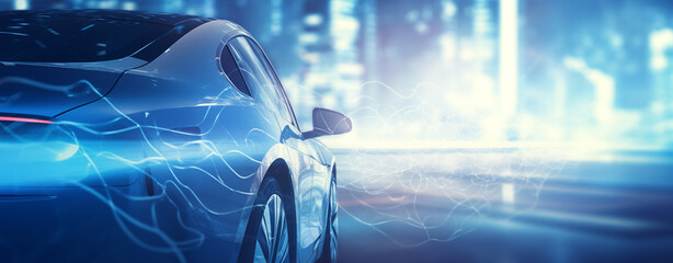 The car on blurry night city background. Transport and design journey.