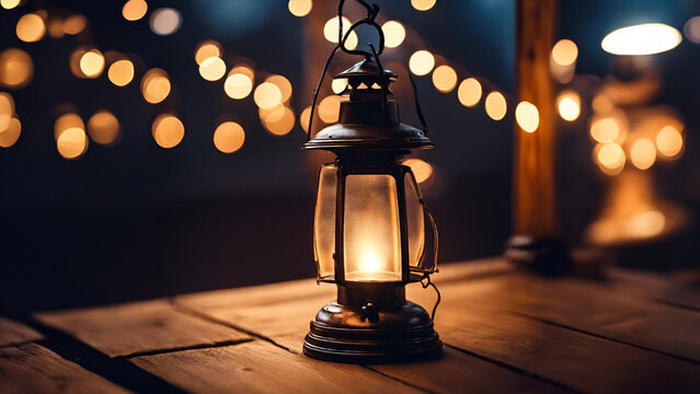 a lit lantern sitting on top of a wooden table, a stock photo Menges, pixabay contest winner, neo-romanticism, flickering light, glowing lights, bokeh - 1