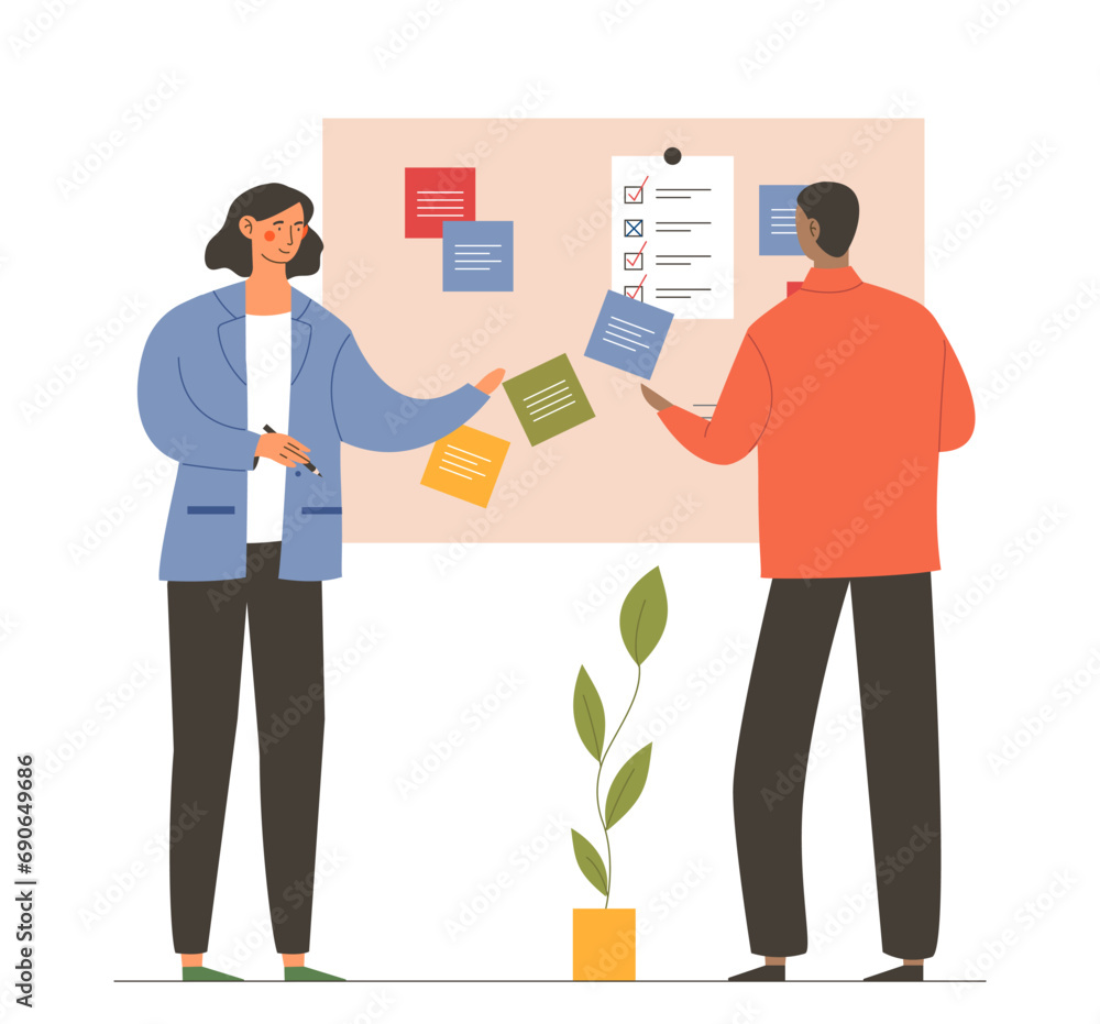 Poster time management scene concept. man and woman near board with to do lists with goals. planning and or