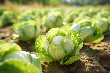 Fresh cabbage in a field, cabbage are growing in a garden. Generate Ai