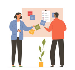 Time management scene concept. Man and woman near board with to do lists with goals. Planning and organize efficient workflow. Cartoon flat vector illustration isolated on white background