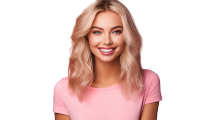 Fototapeta premium Young blonde woman smiling at camera, close up portrait. Isolated on white background, transparent