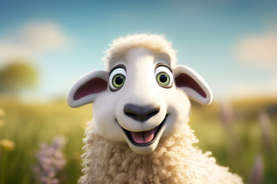 cartoon illustration of a cute sheep smiling