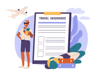 Travel insurance concept. Man with contract. Care about health and baggage. Tourism and trip. Holiday and vacation. Cartoon flat vector illustration isolated on white background