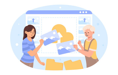 Uploading images to server concept. Woman with pictures in folders. Digital and electronic archive and storage on internet. Cartoon flat vector illustration isolated on white background