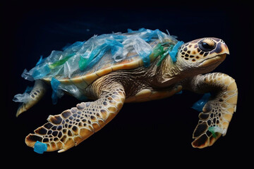 Plastic pollution in ocean. Turtle with plastic bags and bottles. Environmental problem.