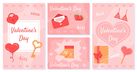Fototapeta na wymiar Valentines day banners set. International holiday of love and romance. Hearts and letters. Gift box and heart shaped candy. Cartoon flat vector collection isolated on white background