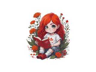 Little Girl Reading Book, Cute Red Hair Girl With Book and Flowers.