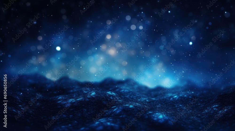 Poster abstract background of dark blue particles and soft blurred glow.