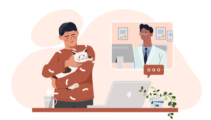 Veterinary online concept. Man show his cat to guy in medical coat. Doctor in coat video call to client with pet and domestic animal. Cartoon flat vector illustration isolated on white background
