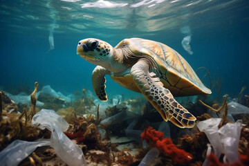 Fototapeta premium Plastic pollution in ocean. Turtle with plastic bags and bottles. Environmental problem.