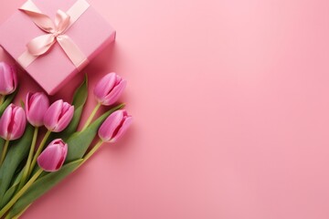 Bouquet of Pink Tulips and Pink Gift Box on Pink Background, View From Above With Copy Space