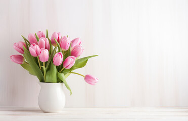 Bouquet of Fresh Pink Tulips in a White Vase on Wooden Table on White Background With Copy Space