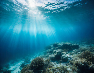 underwater ocean blue abyss with sunlight diving and scuba background