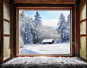 View through an open window of a garden with snow in winter