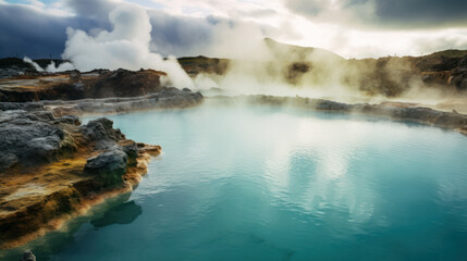 Naklejka premium Geothermal Wonders: Vivid Blues and Steamy Whites