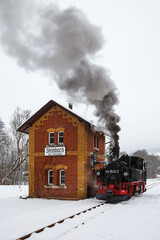 Pressnitztalbahn steam train locomotive railway in winter portrait format in Steinbach, Germany