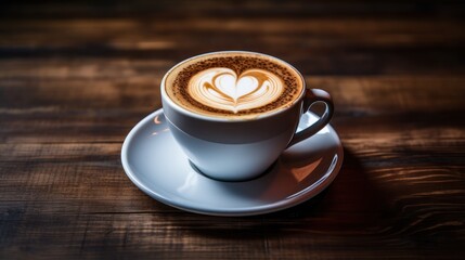 Close up of white hot cappuccino coffee cup with heart shaped latte art on dark brown vintage old wooden table.