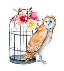 Beautiful hand painted owl portrait isolated on a white background. Forest animal concept. Wild bird illustration. Magical wise owl with flowers  artwork for poster, print,card.