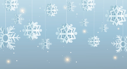 Fototapeta na wymiar Christmas card with paper snow flake. Falling snowflakes on a dark blue winter background. Vector illustration. Merry Christmas, New Year design.