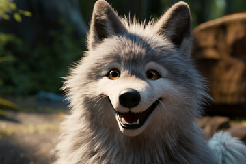 cartoon illustration of a cute wolf smiling - obrazy, fototapety, plakaty