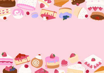 Cakes on pink background with copy space