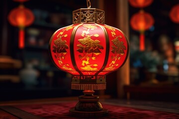 Chinese New Year red lantern. Copy space. Chinese Script, traditional lantern.