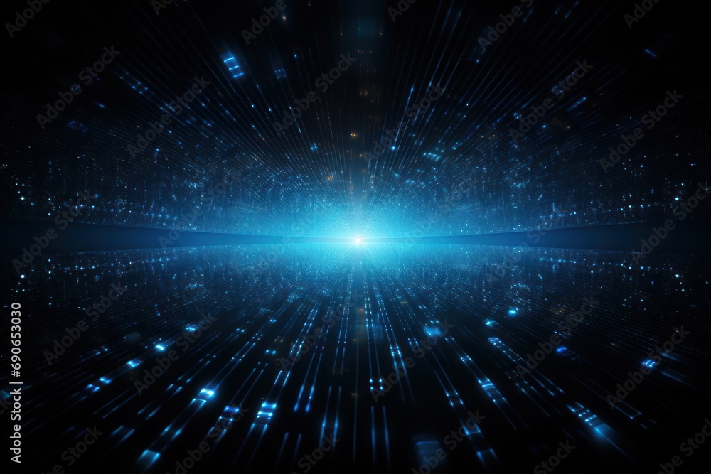 Poster abstract background of dark blue particles and soft blurred glow.