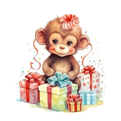 Obraz na płótnie Canvas Delightful Baby Monkey with Presents in Watercolor Style, Ideal for Baby Birthday Clipart, Transparent Background for Easy Use