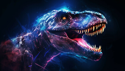 Illustrate a dinosaur as a holographic projection with translucent and dynamic visual elements