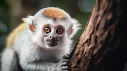 A close-up shot of a white and brown monkey sitting on a tree branch in a horizontal orientation.