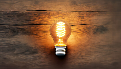 illustrazione con bulbo di lampadina che emana una luce calda e brillante su sfondo in legno rustico - Generato con strumenti AI - obrazy, fototapety, plakaty