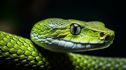 Fototapeta premium A green albolaris snake being viewed sideways with a close-up head. close-up view of the head of a green viper snake.