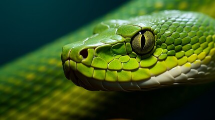 A green albolaris snake being viewed sideways with a close-up head. close-up view of the head of a green viper snake.