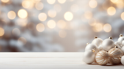 Empty wood table with blurred snowy background and copy space. Christmas decorations. 