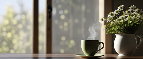 A green mug filled with warm tea and a vase filled with white flowers, a view by the window, Generative Ai