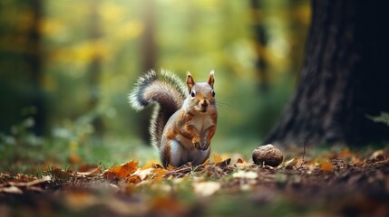 A nut is being eaten by a cute squirrel in nature with a blurred background. also present are wild animals and cute rodents eating nuts in the forest.