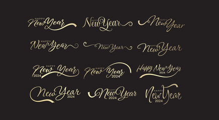 Happy new year typography signs. Vector Lettering Compositions collection. Set of Holiday design for greeting carD with black background.
