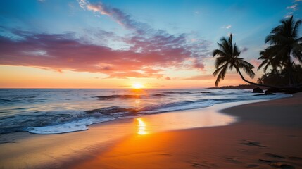 Fototapeta na wymiar At sunset, the tropical beach and sea are breathtaking with a twilight sky.