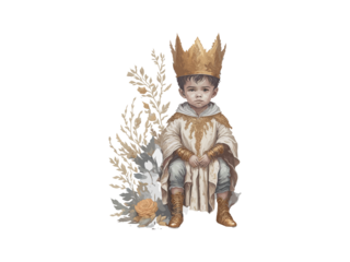 Watercolor illustration of crown prince, little king sitting on the throne.