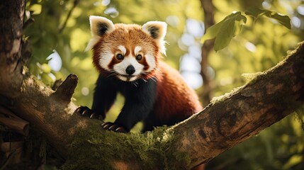 On a green tree, a red panda that is endangered is a sight to see