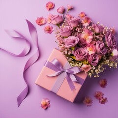 Gift and flowers on a colored background. Holiday, give a gift, congratulations. Valentine's Day, Mother's Day, International Women's Day. Made with generative ai. 